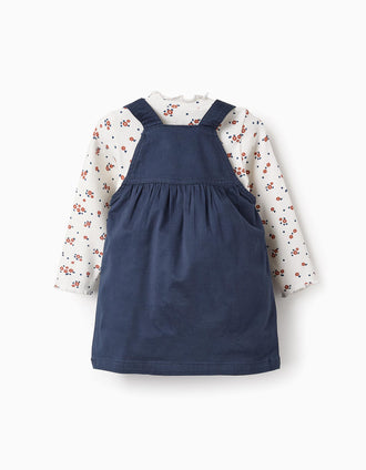 Camisola Floral + Saia de Peito para Bebé Menina, Azul Escuro