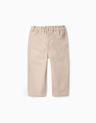 Pantalón Paperbag de Sarga para Bebé Niña, Beige