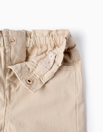 Pantalón Paperbag de Sarga para Bebé Niña, Beige