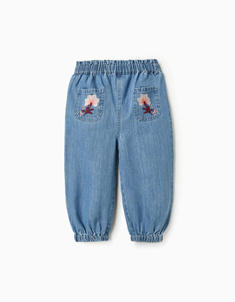 Calças de Ganga Baggy com Bordados para Bebé Menina, Azul