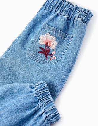 Pantalón Vaquero Baggy con Bordados para Bebé Niña, Azul