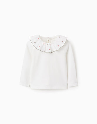 T-shirt de Manga Comprida com Gola Floral para Bebé Menina, Branco