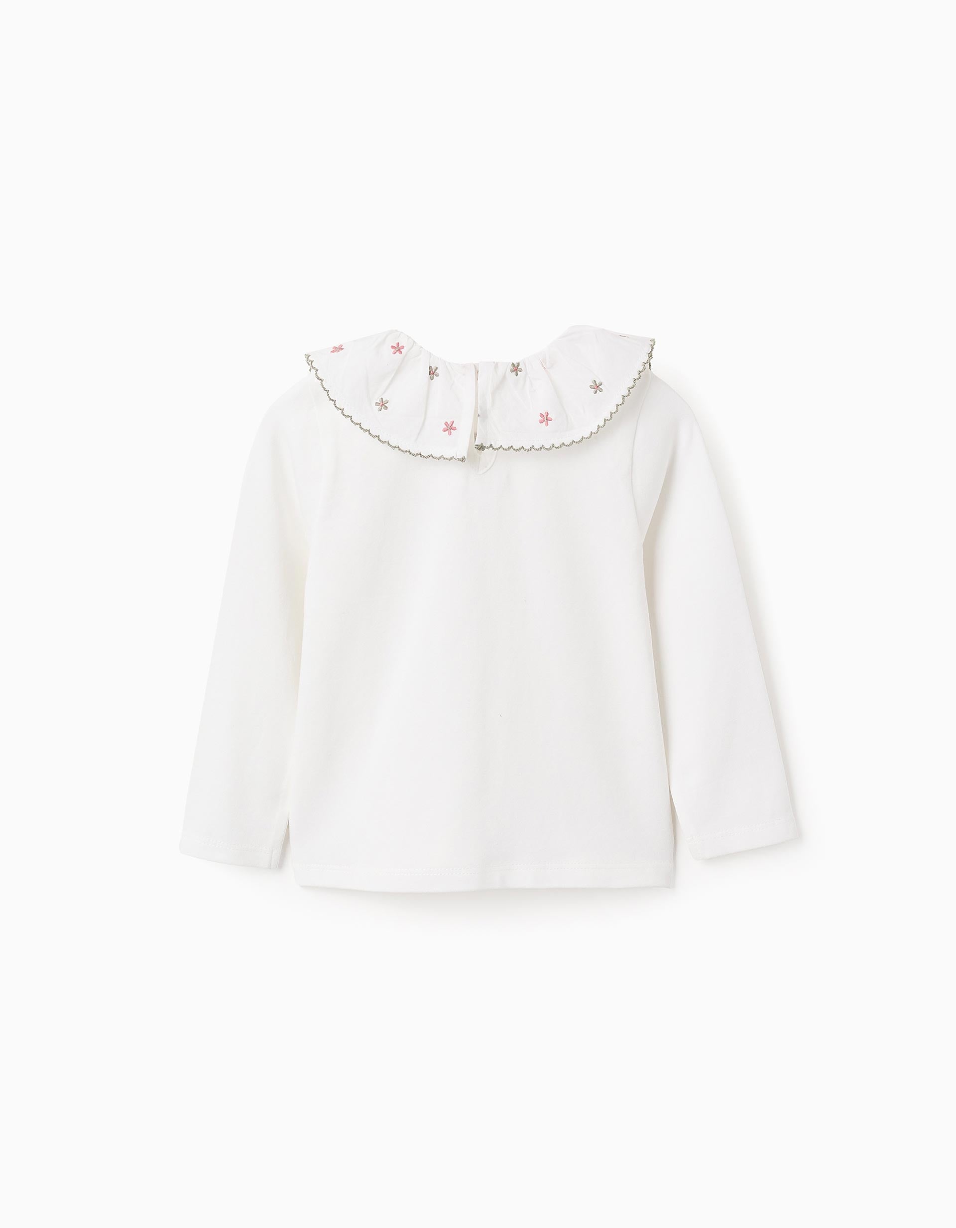 Long Sleeve T-shirt with Floral Collar for Baby Girls, White