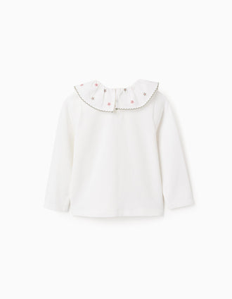 T-shirt de Manga Comprida com Gola Floral para Bebé Menina, Branco