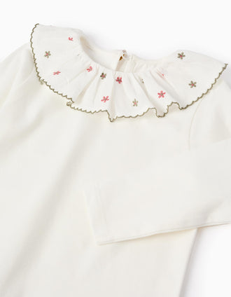 Camiseta de Manga Larga con Cuello Floral para Bebé Niña, Blanco