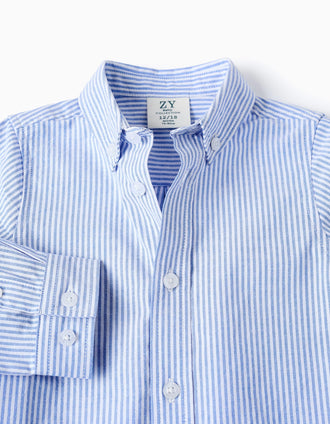 Camisa de Algodão às Riscas para Bebé Menino, Branco/Azul