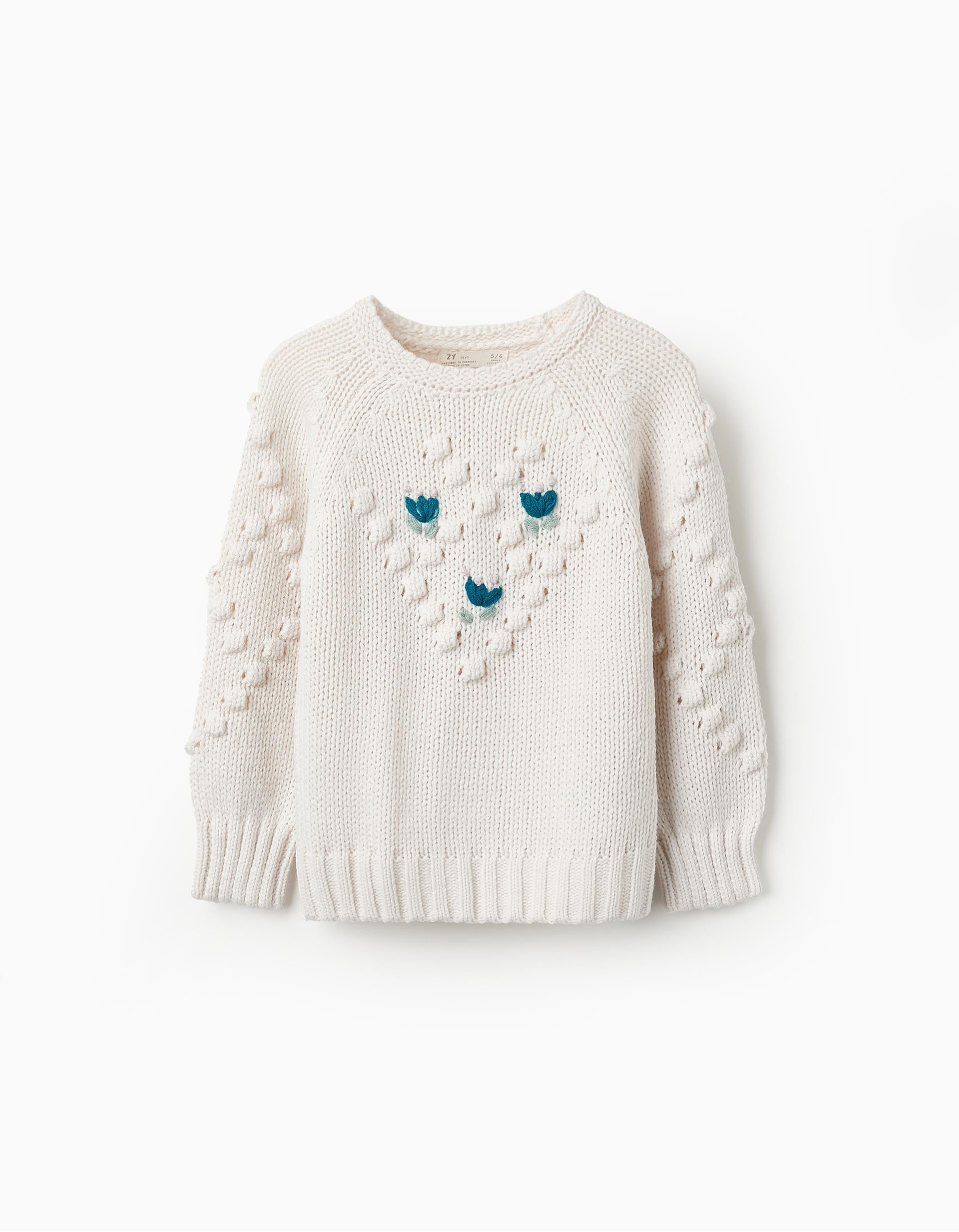 Thick Knit Jumper with Embroidery for Girls, White