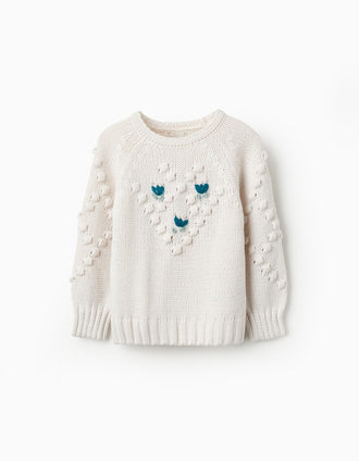 Camisola de Malha Grossa com Bordados para Menina, Branco