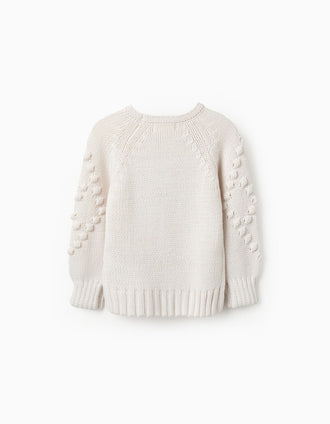 Camisola de Malha Grossa com Bordados para Menina, Branco