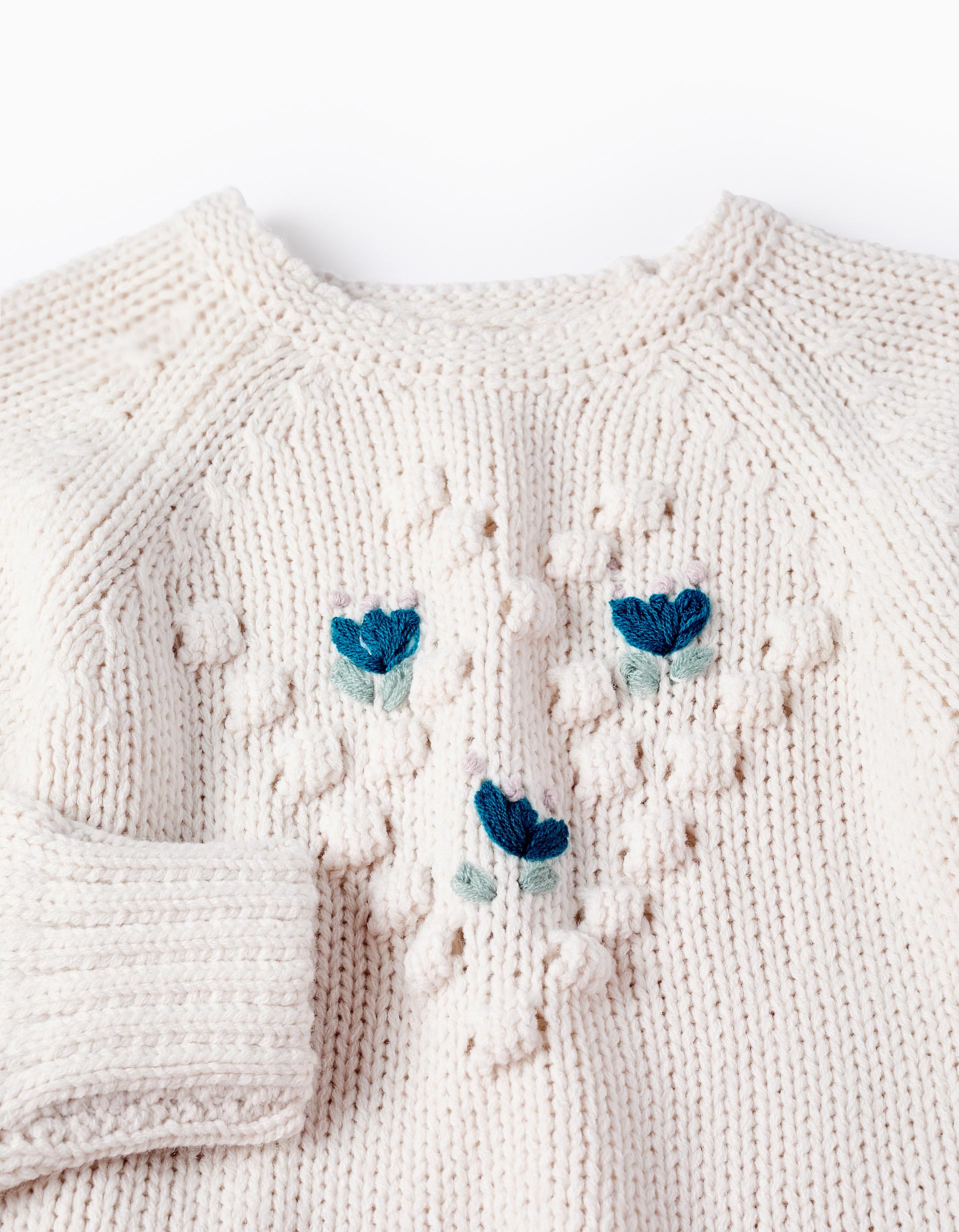 Thick Knit Jumper with Embroidery for Girls, White