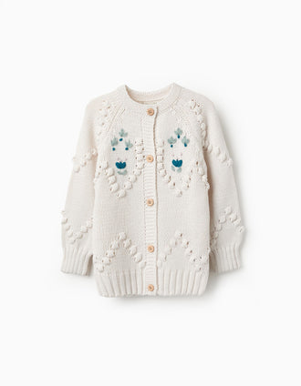 Casaco de Malha Grossa com Bordados para Menina, Branco