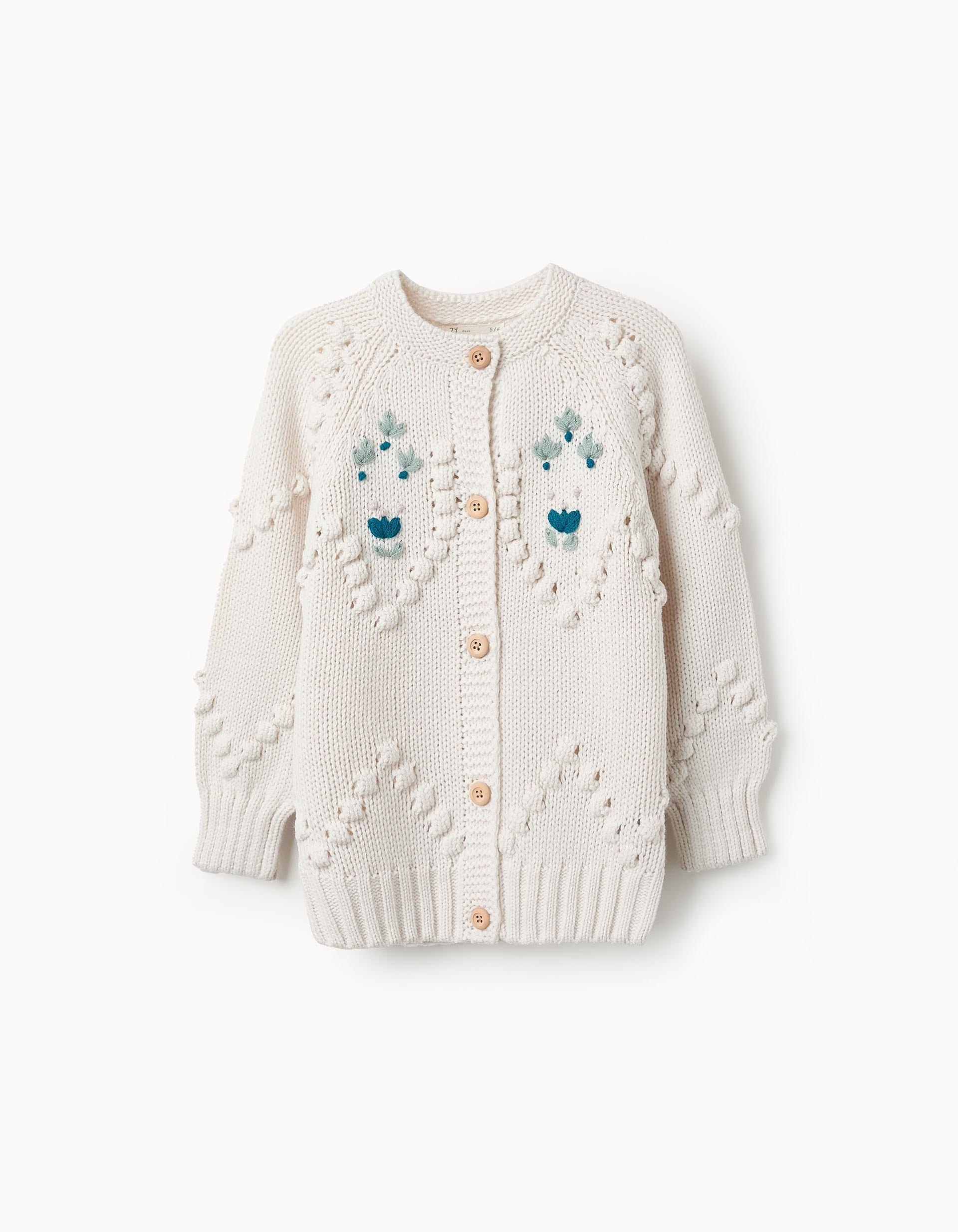 Thick Knit Cardigan with Embroidery for Girls, White