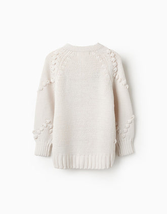 Casaco de Malha Grossa com Bordados para Menina, Branco