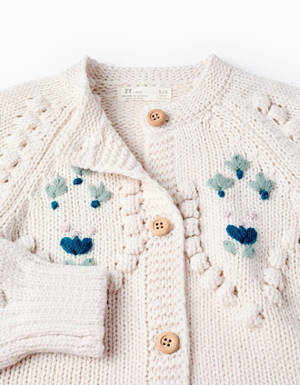Casaco de Malha Grossa com Bordados para Menina, Branco
