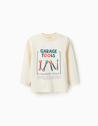 T-shirt de Manga Comprida em Algodão para Bebé Menino 'Tools', Branco