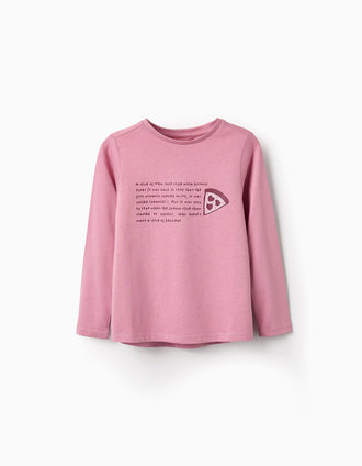 Camiseta de Manga Larga con Purpurina para Niña 'NY Pizza', Rosa