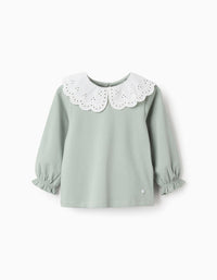 Camiseta de Manga Larga con Bordado Inglés para Bebé Niña, Verde