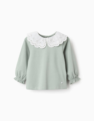 Camiseta de Manga Larga con Bordado Inglés para Bebé Niña, Verde