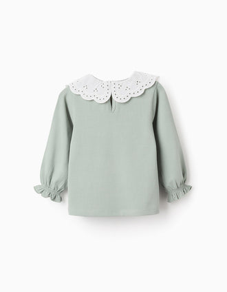 T-shirt de Manga Comprida com Bordado Inglês para Bebé Menina, Verde