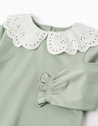 Camiseta de Manga Larga con Bordado Inglés para Bebé Niña, Verde