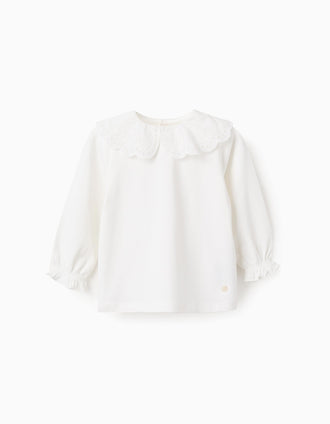 Camiseta de Manga Larga con Bordado Inglés para Bebé Niña, Blanco
