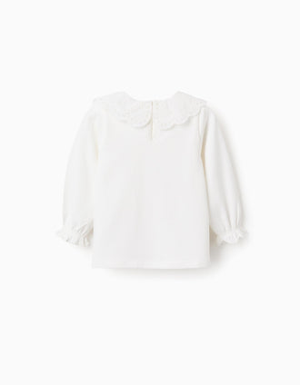 T-shirt de Manga Comprida com Bordado Inglês para Bebé Menina, Branco