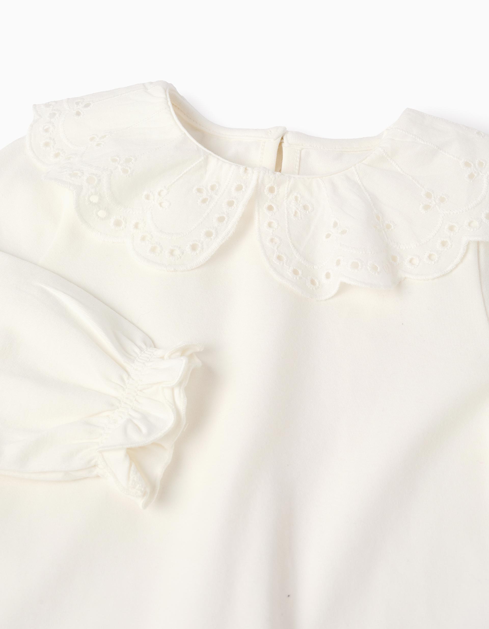 Long Sleeve T-shirt with Broderie Anglaise for Baby Girls, White