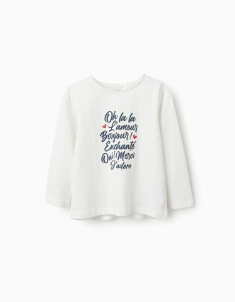 T-shirt de Manga Comprida em Algodão para Menina 'Oh La La', Branco