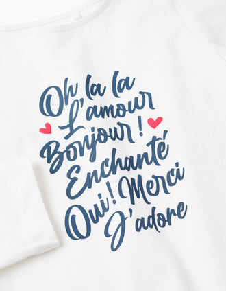 Camiseta de Manga Larga de Algodón para Niña 'Oh La La', Blanco