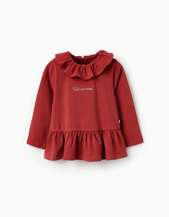 T-shirt de Manga Comprida Com Folhos para Menina, Laranja