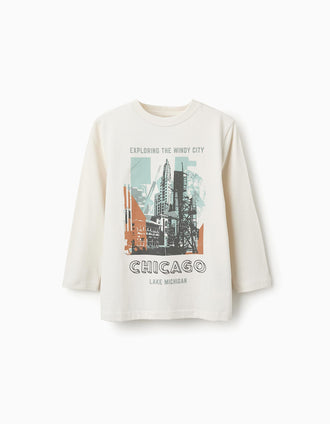 T-shirt à Manches Longues en Coton pour Garçon 'Chicago', Blanc