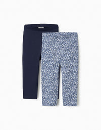 2 Leggings de Algodón para Bebé Niña, Azul Oscuro/Floral