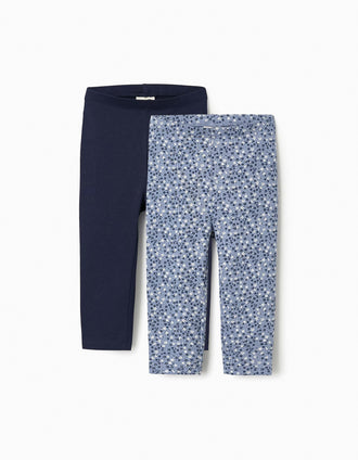 2 Leggings de Algodón para Bebé Niña, Azul Oscuro/Floral