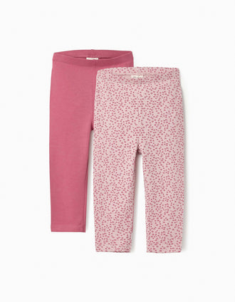 2 Leggings de Algodão para Bebé Menina, Rosa/Floral