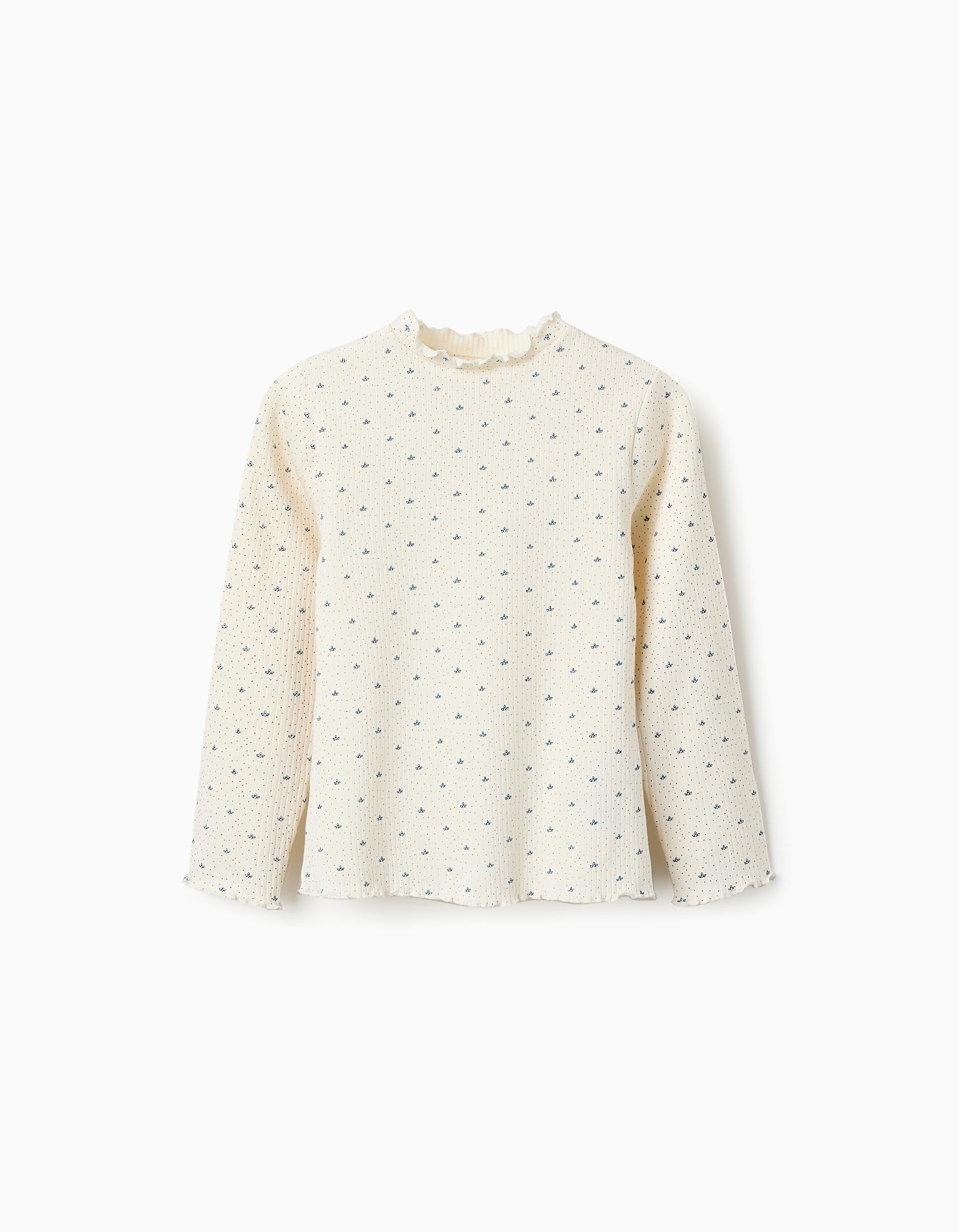 Pull Côtelé Floral pour Fille, Blanc