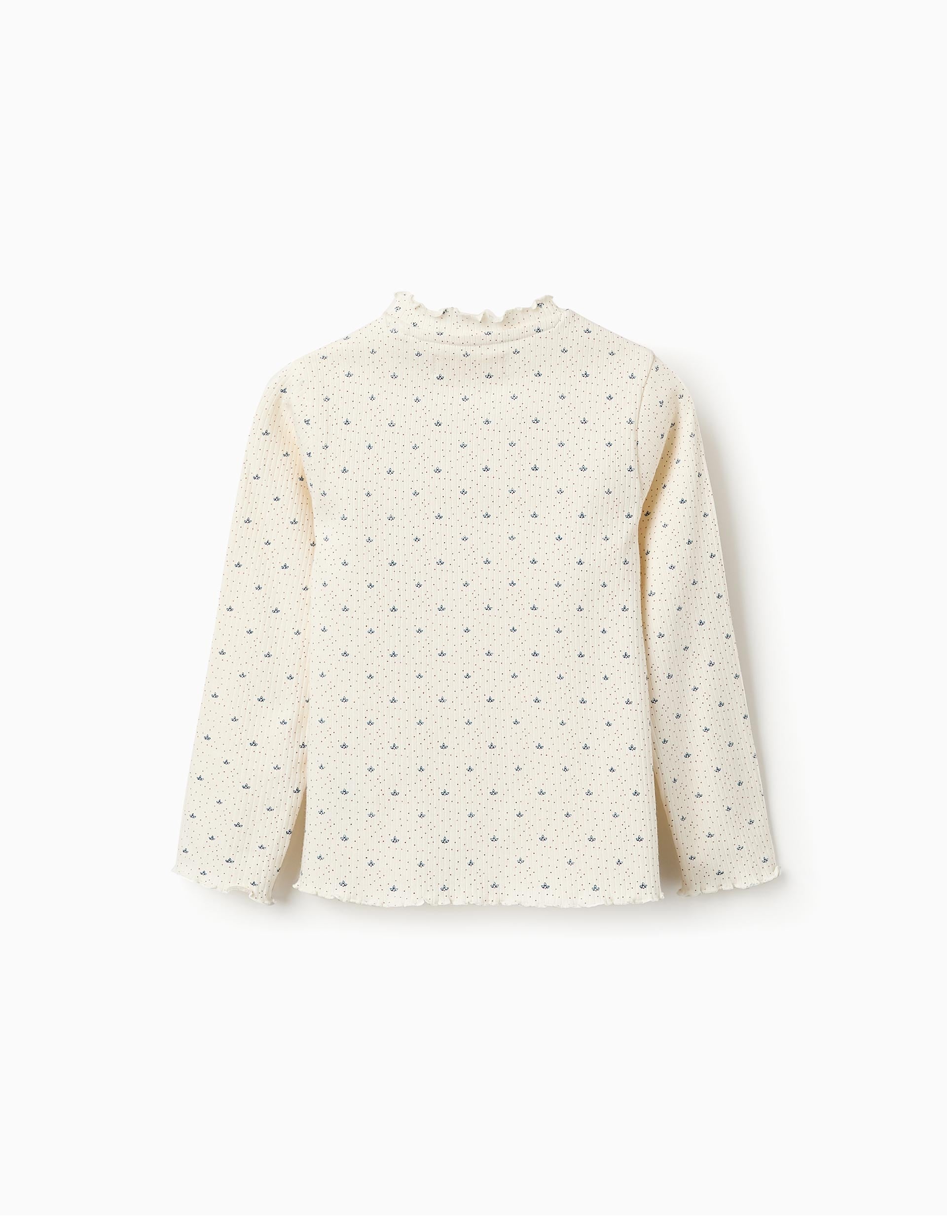 Pull Côtelé Floral pour Fille, Blanc