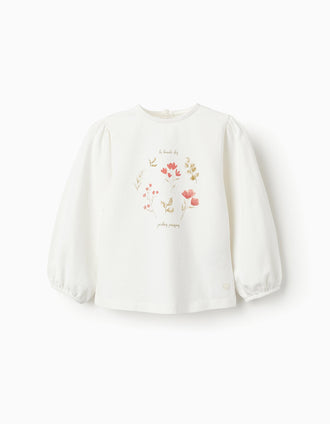 T-shirt de Manga Comprida para Bebé Menina 'Flores', Branco