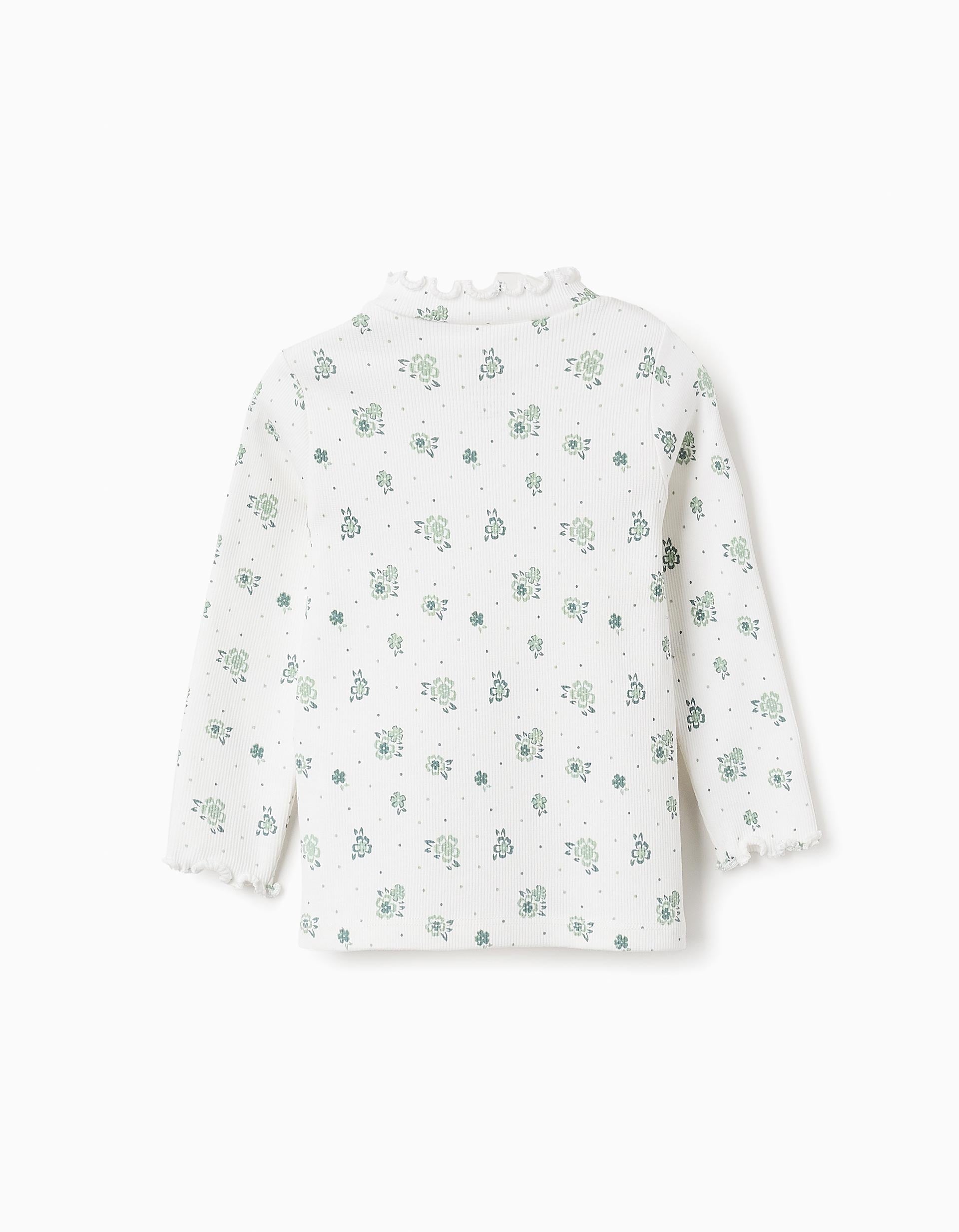 T-shirt Côtelée Florale à Manches Longues pour Bébé Fille, Blanc