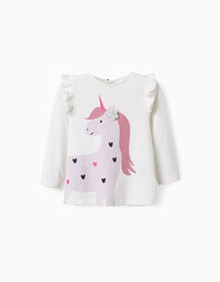 Camiseta de Algodón con Purpurina para Bebé Niña 'Unicornio', Blanco