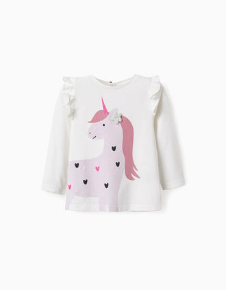 T-shirt de Algodão com Purpurinas para Bebé Menina 'Unicórnio', Branco