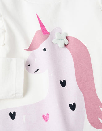 T-shirt de Algodão com Purpurinas para Bebé Menina 'Unicórnio', Branco