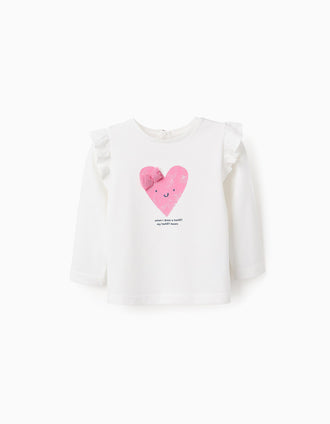 Camiseta de Manga Larga de Algodón para Bebé Niña 'Corazón', Blanco