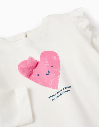 Camiseta de Manga Larga de Algodón para Bebé Niña 'Corazón', Blanco