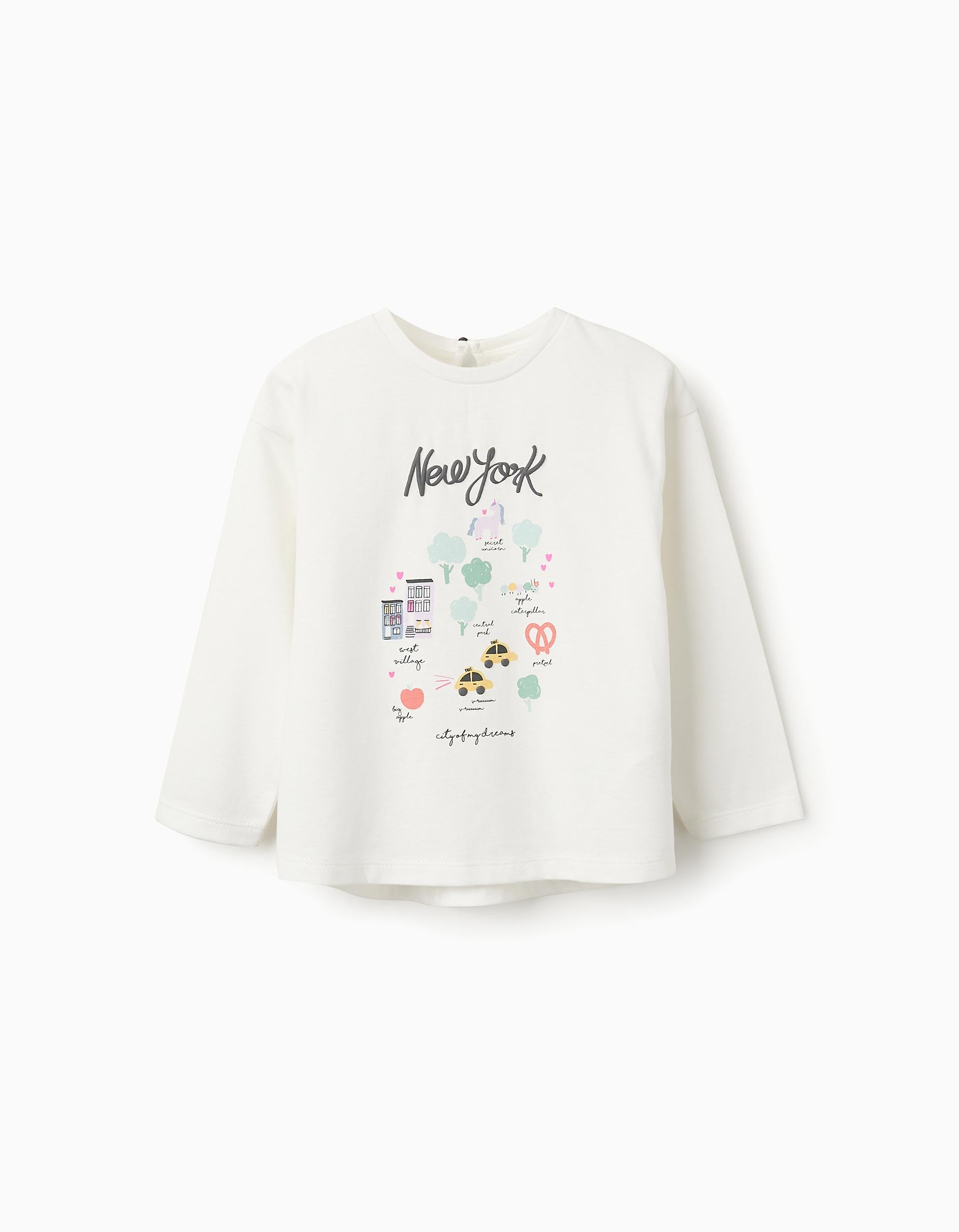 Long-sleeved Cotton T-shirt for Baby Girls 'NY', White