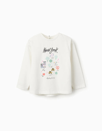 T-shirt de Manga Comprida em Algodão para Bebé Menina 'NY', Branco