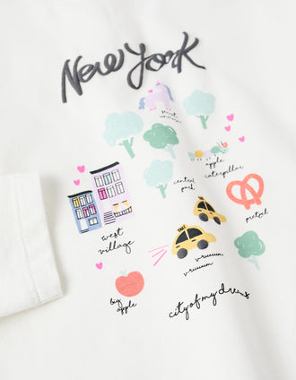 Camiseta de Manga Larga de Algodón para Bebé Niña 'NY', Blanco