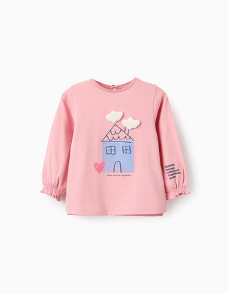 T-shirt de Manga Comprida em Algodão para Bebé Menina 'Nuvens', Rosa