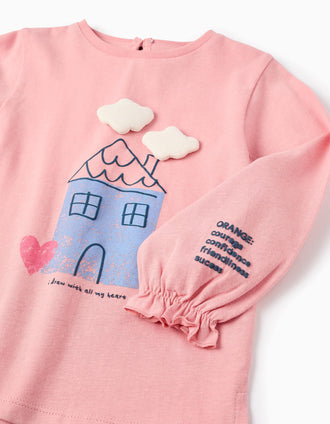 Camiseta de Manga Larga de Algodón para Bebé Niña 'Nubes', Rosa