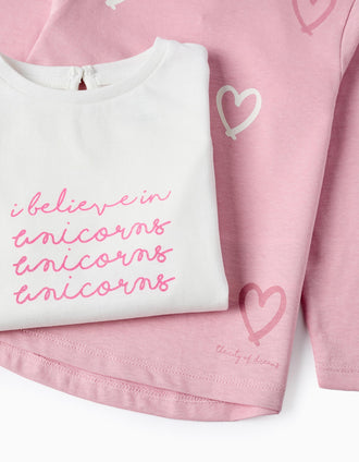 2 T-shirts de Manga Comprida em Algodão para Bebé Menina, Branco/Rosa