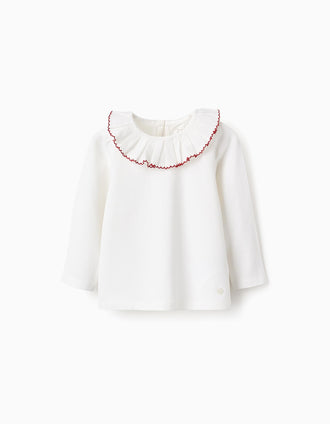Camiseta de Manga Larga con Cuello Plisado para Bebé Niña, Blanco